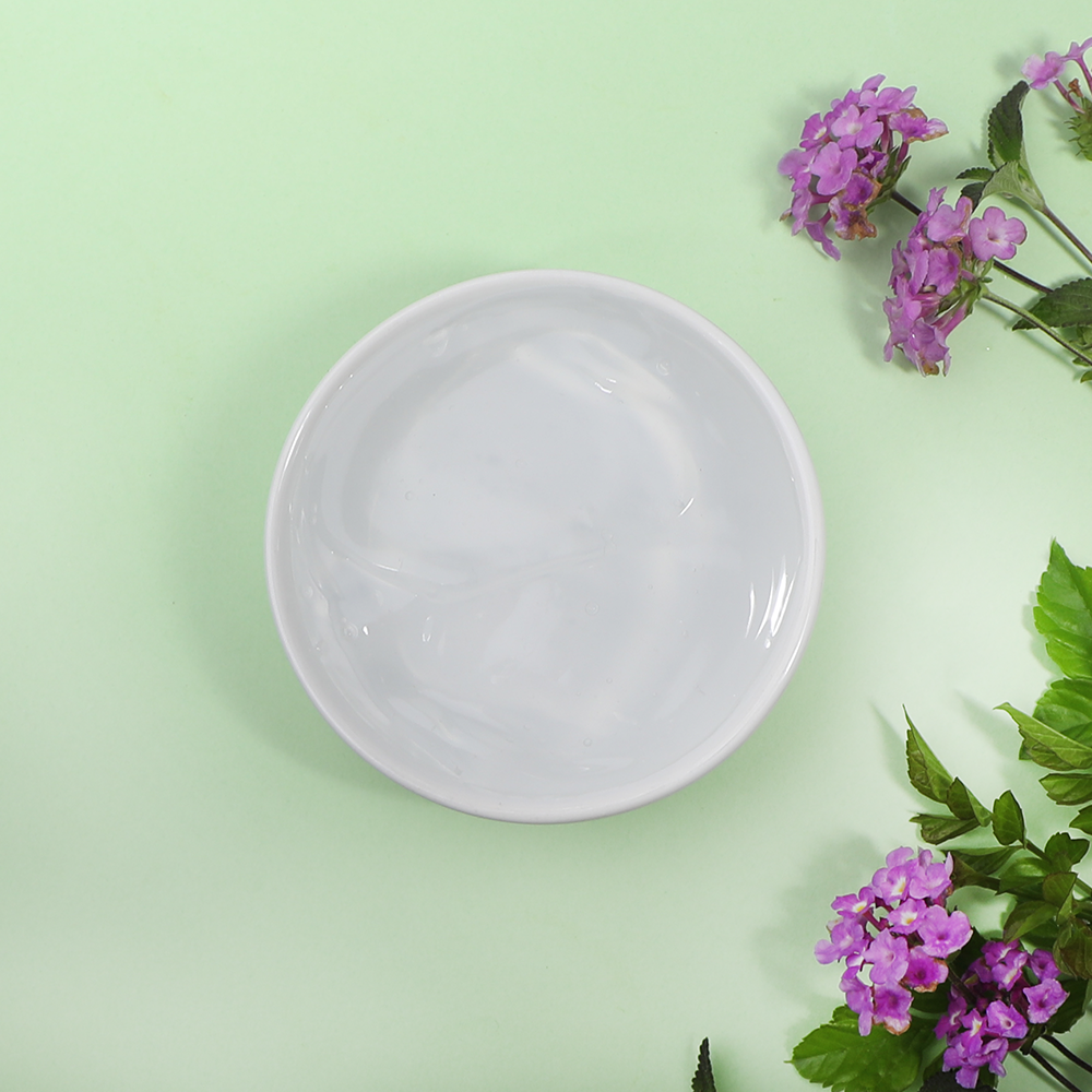 A top-down view of a white bowl filled with a crystal-clear rinse-free hand wash gel, gracefully framed by purple flowers and green leaves on a pastel green background.