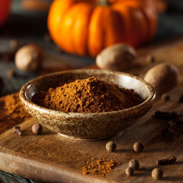 A single, large bright orange pumpkin sitting on a dark wooden surface, accented by whole cinnamon sticks and star anise pods scattered in the foreground.