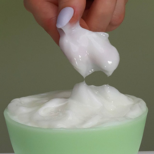 A hand pinching and lifting a glossy, thick white lotion upward from a filled green bowl, showing its smooth, elastic texture.