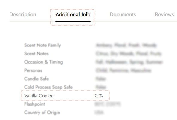 The Vanilla Content figure on a fragrance oil Additional Info tab